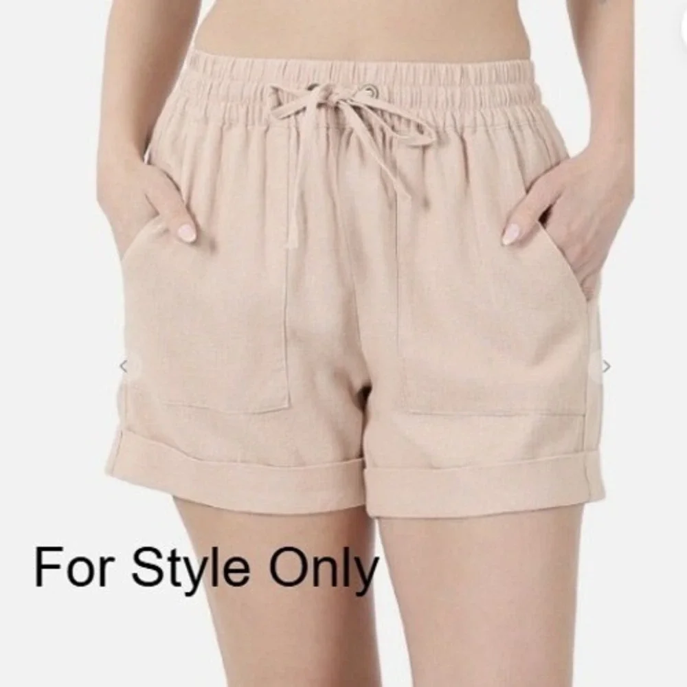 Zenana Women's‎ Linen Blend Shorts Black 3X Elastic Waist Drawstring Pockets - Picture 2 of 8